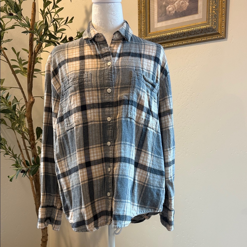 Old Navy Plaid Button-Up Blouse - Grey, White and Tan